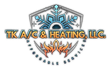 Logo for TK A/C & Heating, LLC featuring a snowflake and flame graphic inside a shield.