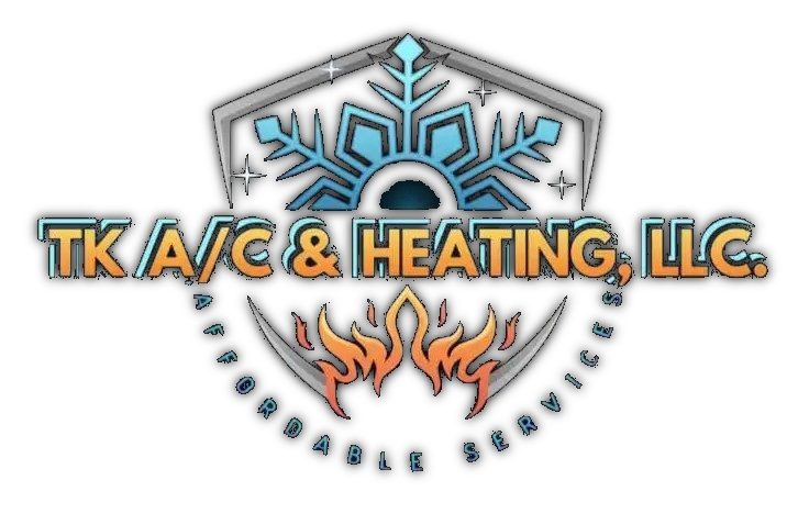 Logo for TK A/C & Heating, LLC featuring a snowflake and flame graphic inside a shield.